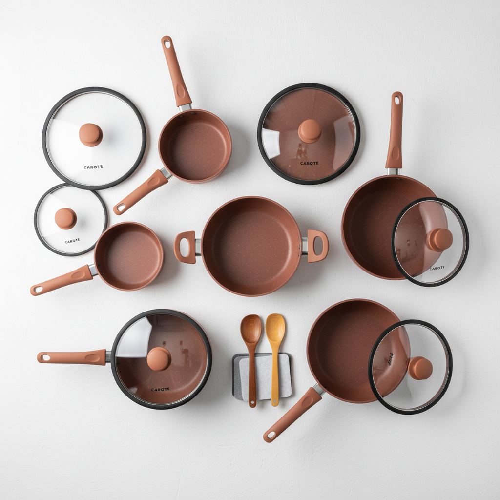 CAROTE 21pc Terracotta Cookware Set - Flat Lay Overhead