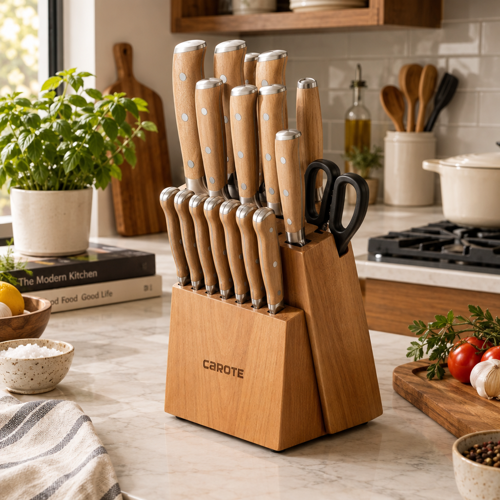 CAROTE knife set displayed in a wooden knife block on a modern kitchen counter